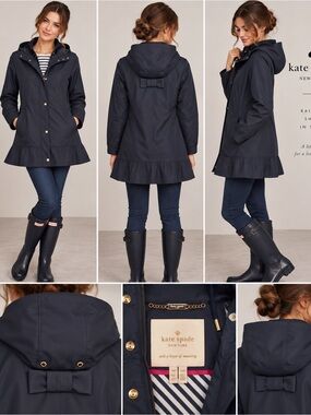 Kate Spade Navy Hooded Ruffle Hem Raincoat Trench Jacket M